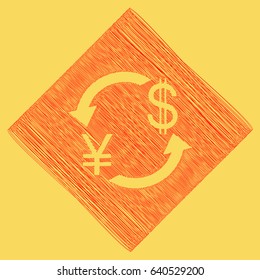 Currency exchange sign. Japan Yen and US Dollar. Vector. Red scribble icon obtained as a result of subtraction rhomb and path. Royal yellow background.