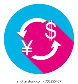 Currency exchange sign. Japan Yen and US Dollar. Vector. Flat white icon with mexican pink shadow inside sky blue(S and G) circle at white background. Isolated. Trend colors in 2017.