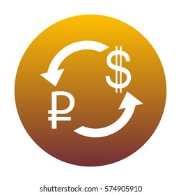 Currency exchange sign. Rouble and US Dollar White icon in circle with golden gradient as background. Isolated.