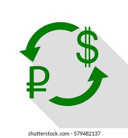 Currency exchange sign. Rouble and US Dollar Green icon with flat style shadow path.