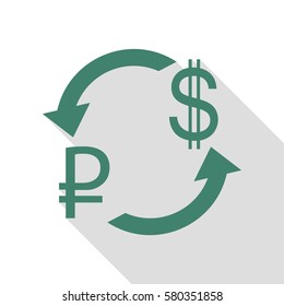 Currency exchange sign. Rouble and US Dollar Veridian icon with flat style shadow path.