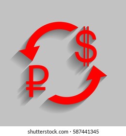 Currency exchange sign. Rouble and US Dollar Vector. Red icon with soft shadow on gray background.
