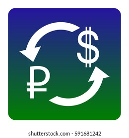 Currency exchange sign. Rouble and US Dollar Vector. White icon at green-blue gradient square with rounded corners on white background. Isolated.