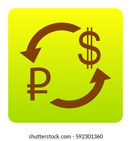 Currency exchange sign. Rouble and US Dollar Vector. Brown icon at green-yellow gradient square with rounded corners on white background. Isolated.