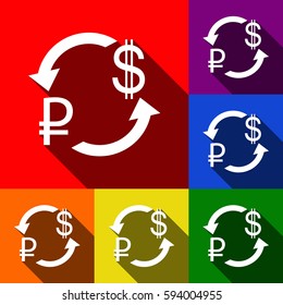 Currency exchange sign. Rouble and US Dollar Vector. Set of icons with flat shadows at red, orange, yellow, green, blue and violet background.