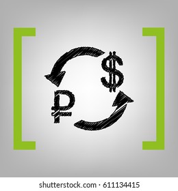 Currency exchange sign. Rouble and US Dollar Vector. Black scribble icon in citron brackets on grayish background.