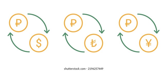 Currency exchange sign. Ruble and dollar, ruble and yuan, ruble and Turkish lira coin line icon