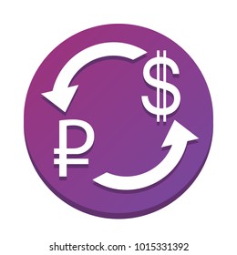 Currency exchange sign. Ruble and US Dollar. Vector. White icon with flat shadow on purpureus circle at white background. Isolated.