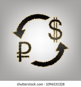Currency exchange sign. Ruble and US Dollar. Vector. Blackish icon with golden stars at grayish background.