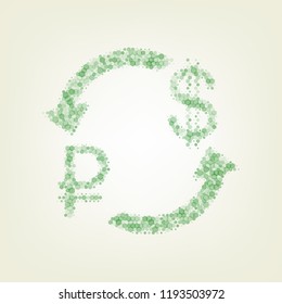 Currency exchange sign. Ruble and US Dollar. Vector. Green hexagon rastered icon and noised opacity and size at light green background with central light.