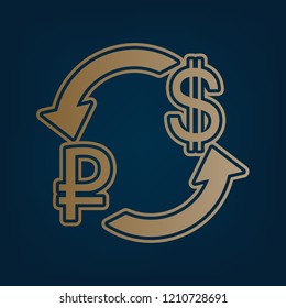 Currency exchange sign. Ruble and US Dollar. Vector. Golden icon and border at dark cyan background.