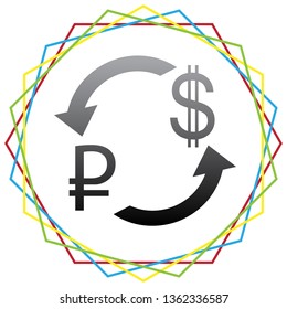 Currency exchange sign. Ruble and US Dollar. Vector. Black icon with patch of light inside colorful hexagonal frames at white background.