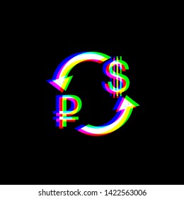 Currency exchange sign. Ruble and US Dollar. Red, green and blue unfocused contour icon at black background. Illustration.
