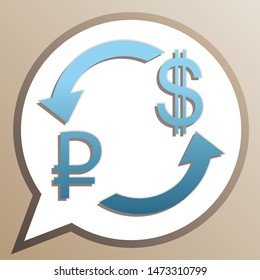 Currency exchange sign. Ruble and US Dollar. Bright cerulean icon in white speech balloon at pale taupe background. Illustration.