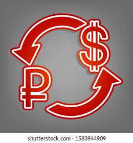 Currency exchange sign. Ruble and US Dollar. Flat red icon with linear white icon with gray shadow at grayish background. Illustration.