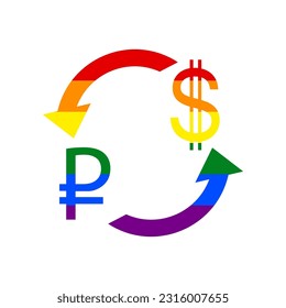 Currency exchange sign. Ruble and US Dollar. Rainbow gay LGBT rights colored Icon at white Background. Illustration.
