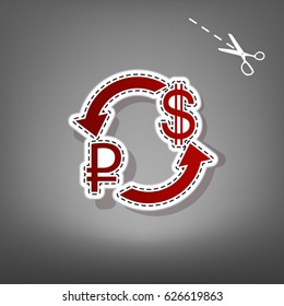 Currency exchange sign. Ruble and US Dollar. Vector. Red icon with for applique from paper with shadow on gray background with scissors.