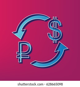 Currency exchange sign. Ruble and US Dollar. Vector. Blue 3d printed icon on magenta background.