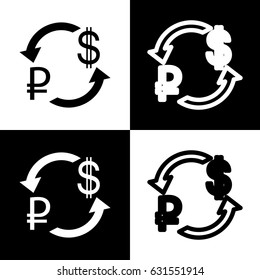 Currency exchange sign. Ruble and US Dollar. Vector. Black and white icons and line icon on chess board.