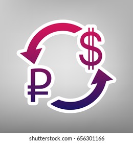 Currency exchange sign. Ruble and US Dollar. Vector. Purple gradient icon on white paper at gray background.
