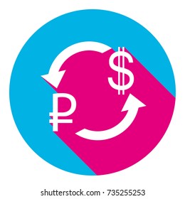Currency exchange sign. Ruble and US Dollar. Vector. Flat white icon with mexican pink shadow inside sky blue(S and G) circle at white background. Isolated. Trend colors in 2017.