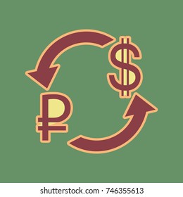 Currency exchange sign. Ruble and US Dollar. Vector. Cordovan icon and mellow apricot halo with light khaki filled space at russian green background.