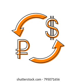 Currency exchange sign. Ruble and US Dollar. Vector. Black line icon with shifted flat orange filled icon on white background. Isolated.