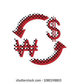 Currency exchange sign. South Korea Won and US Dollar. Vector. Brown icon with shifted black circle pattern as duplicate at white background. Isolated.