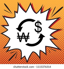 Currency exchange sign. South Korea Won and US Dollar. Vector. Comics style icon on pop-art background.