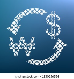 Currency exchange sign. South Korea Won and US Dollar. Vector. White textured icon at lapis lazuli gradient background.