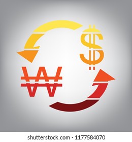 Currency exchange sign. South Korea Won and US Dollar. Vector. Horizontally sliced icon with colors from sunny gradient in gray background.