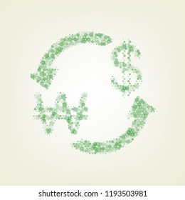 Currency exchange sign. South Korea Won and US Dollar. Vector. Green hexagon rastered icon and noised opacity and size at light green background with central light.