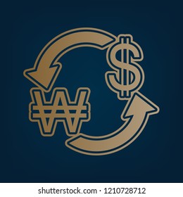 Currency exchange sign. South Korea Won and US Dollar. Vector. Golden icon and border at dark cyan background.