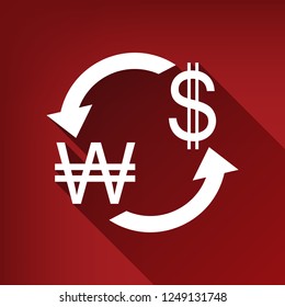 Currency exchange sign. South Korea Won and US Dollar. Vector. White icon with limitless shadow at ruby red background.