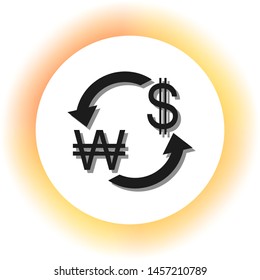 Currency exchange sign. South Korea Won and US Dollar. Dark icon with shadow on the glowing circle button. Illustration.