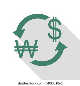 Currency exchange sign. South Korea Won and US Dollar. Veridian icon with flat style shadow path.