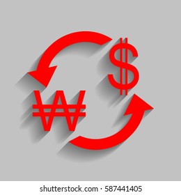 Currency exchange sign. South Korea Won and US Dollar. Vector. Red icon with soft shadow on gray background.