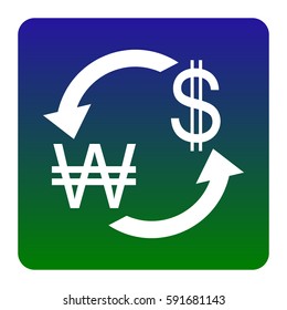 Currency exchange sign. South Korea Won and US Dollar. Vector. White icon at green-blue gradient square with rounded corners on white background. Isolated.