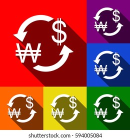 Currency exchange sign. South Korea Won and US Dollar. Vector. Set of icons with flat shadows at red, orange, yellow, green, blue and violet background.