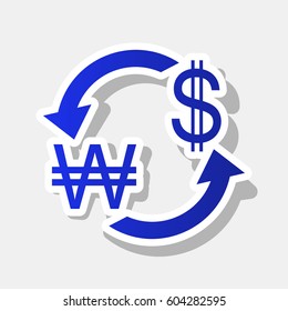 Currency exchange sign. South Korea Won and US Dollar. Vector. New year bluish icon with outside stroke and gray shadow on light gray background.