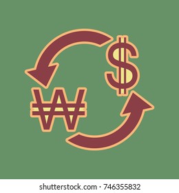Currency exchange sign. South Korea Won and US Dollar. Vector. Cordovan icon and mellow apricot halo with light khaki filled space at russian green background.