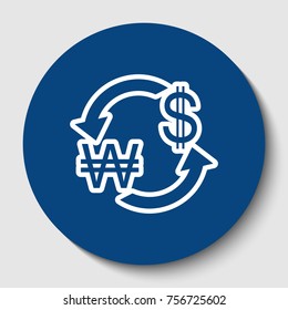 Currency exchange sign. South Korea Won and US Dollar. Vector. White contour icon in dark cerulean circle at white background. Isolated.