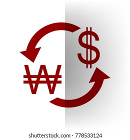 Currency exchange sign. South Korea Won and US Dollar. Vector. Bordo icon on white bending paper background.