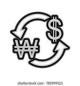 Currency exchange sign. South Korea Won and US Dollar. Vector. Flat style black icon on white.