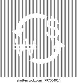 Currency exchange sign. South Korea Won and US Dollar. Vector. White icon on grayish striped background. Optical illusion.