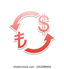 Currency exchange sign. Turkey Lira and US Dollar. Vector. Reddish icon with white and gray shadow on white background. Isolated.