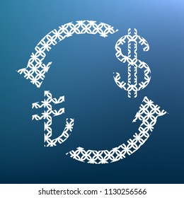 Currency exchange sign. Turkey Lira and US Dollar. Vector. White textured icon at lapis lazuli gradient background.