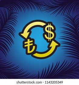 Currency exchange sign. Turkey Lira and US Dollar. Vector. Golden icon with black contour at blue background with branches of palm trees.