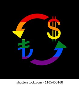 Currency exchange sign. Turkey Lira and US Dollar. Vector. Icon with colors of LGBT flag at black background.