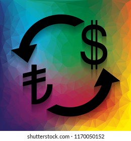 Currency exchange sign. Turkey Lira and US Dollar. Vector. Flat style black icon on white.